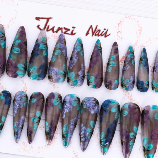 Handmade Midnight Bloom Press On Nails: Long Stiletto, 20 Piece Set