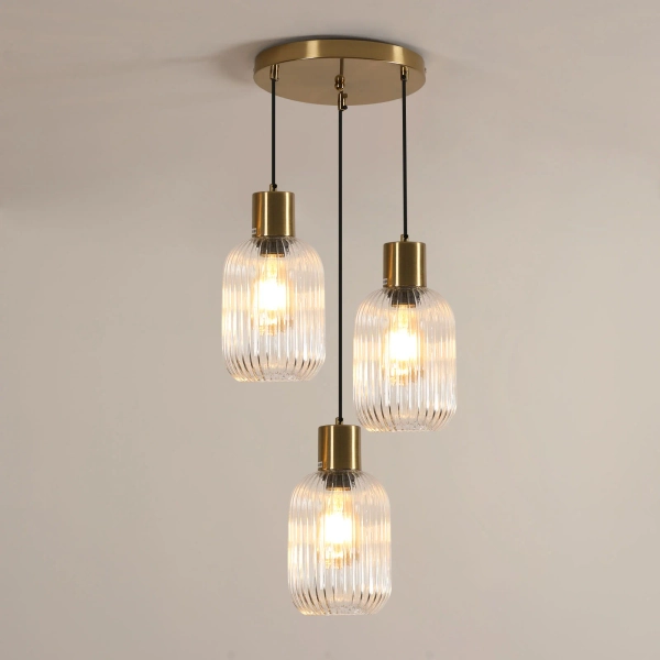 COMELY Suspension en Verre, Lustre Globe à 3 Lumières Laiton Doré, Luminaire Suspendu Moderne pour Salon Chambre Salle à Manger