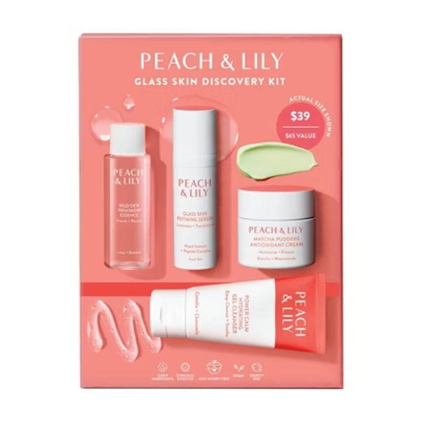 Peach & Lily Glass Skin Discovery Kit: Moisturizing Skincare Set with Hyaluronic Acid, Vegan, 4ct