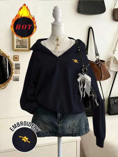 Lalippa Star Embroidery Half-Zip Collar Sweatshirt, Casual For Autumn/Winter Pullover Fall
