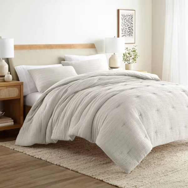 Waffle Textured Comforter Set All Season Down-Alternative Ultra Soft Bedding - Becky Cameron, Dune, Full/Queen