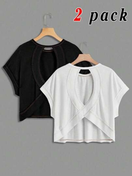Tween Girls 2 Pieces Casual Fashionable Backless Criss-Cross Colorblock Loose Fit Round Neck Short Sleeve T-Shirt, Spring/Summer, Crop Tops T Shirts, Pack Of Tops Crossover Back Tops, Keyhole Back Tops, School, Campus, College