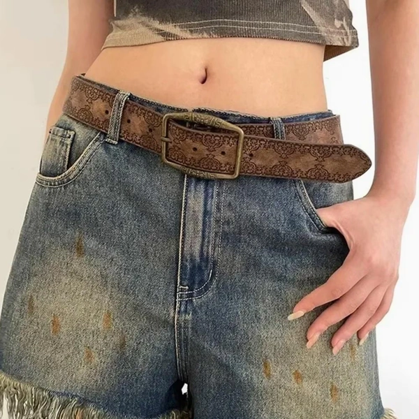Y2K Brown Pattern Belt: Retro PU Leather Waistband