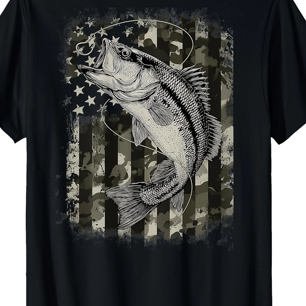 Camouflage American Flag Fisherman Bass Fishing (On Back) T-Shirt Same Style for Men and Women 2026 Summer Short-sleeved Printed T-shirt 180G