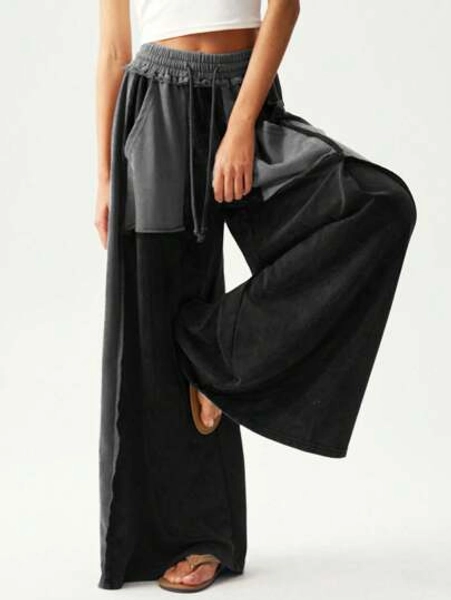 Bohemela BOHO Ladies' Casual Knitted Patchwork Color Loose Wide-Leg Washed Pants Woman Pants Women Plus Clothing Pants Women Skirts Wide Leg Pants Woman Pants Wide Leg