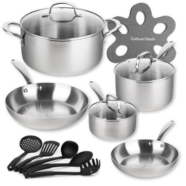 Gotham Steel Tri-Ply Stainless Steel Cookware Set 15 Pc with 5 Utensils Pots and Pans Set