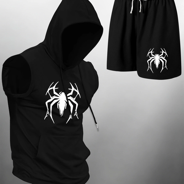 Hooded Vest Outfit Featuring Spider Patterns, Suitable for Summer Sports, Gym Training, Outdoor Activities, And Casual Wear, Consisting of a Sleeveless Hooded Tank Top And Shorts