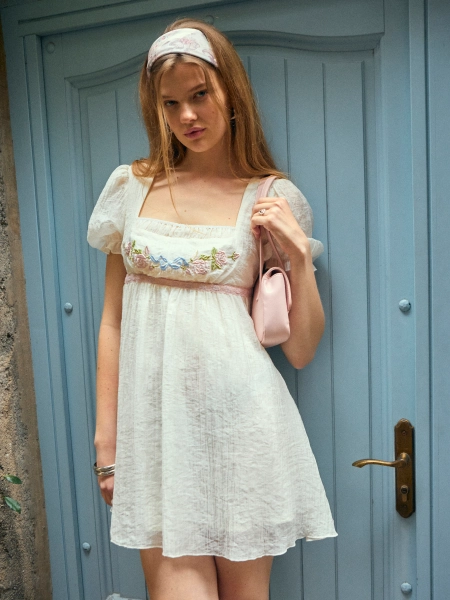 Summer Dress Summer Dresses Slip Dress Party Dress Cute Dresses Silky Soft Wrap Dress Floral Woven Textured Floral Embroidery Square Neck Puff Sleeve Milkmaid Mini Dress For Daily Casual Picnic