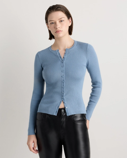 Women's Cotton Cashmere Fitted Ribbed Cardigan in Mountain Spring Blue