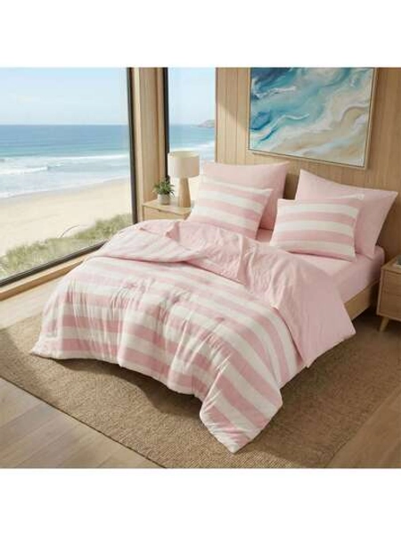 Fluffy 2/3/5/7 Pieces Stripe Textured Print Comforter Set, 200 Gsm Lightweight & Breathable Bedding Sets, All Season Home Textile Fits Modern Bedroom Decor, Halloween Christmas Thanks Giving Gifts