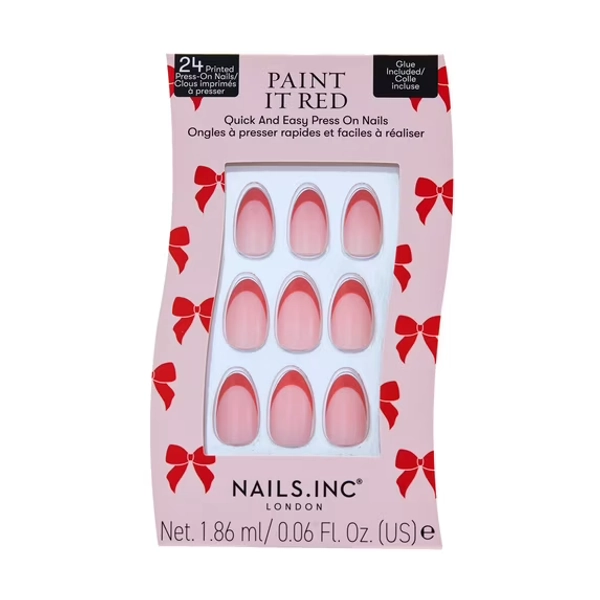 Nails.INC Limited Edition Paint It Red Quick And Easy Press On Nails, Red French Tip, 25 Piece Gift Set