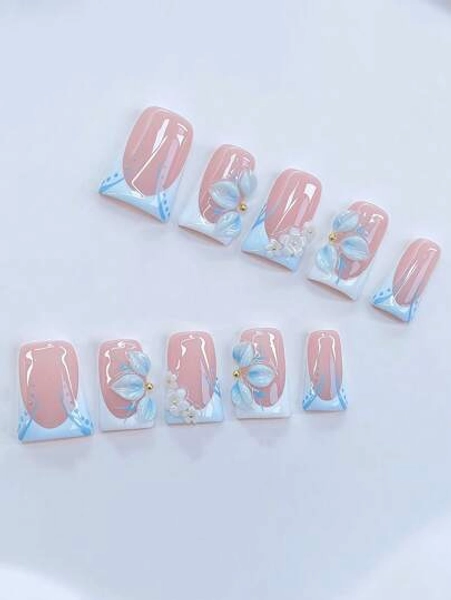 10Pcs Y2K Nails Chic Duckbill Press On Nails Set - Handcrafted, Blue Nails, White And Blue Gradient French Style, Handmade 3D Flowers With Blue Flower Core, Hand Drawn Blue Flower Branch And White Little Flowers Element Design, Sparkling Golden Little Steel Ball Accents - Suitable For Women And Girls, Party, Wedding, Daily Wear, Includes Tool Kit. Duck Nails. Handmade Press On Nails. Fake Nails Nail Supplies Nails