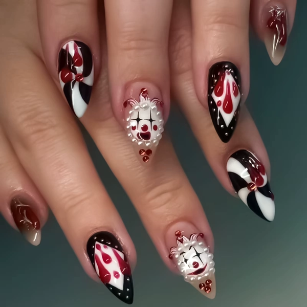 24pcs Circus Clowns Style Press On Nails Ghost Face Blood Drop Spiral Stripe Pattern False Nails Creative Halloween Fake Nail