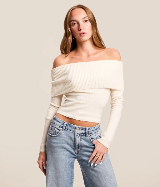 Large Cream Off The Shoulder Cropped Sweater