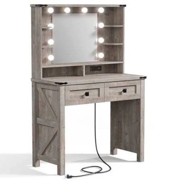Enhomee Vanity Desk with Mirror, Lights, Makeup Vanity, 2 Storage Drawers, Charging