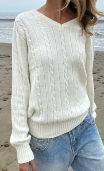 Ida Cotton Cable Knit V-Neck Sweater