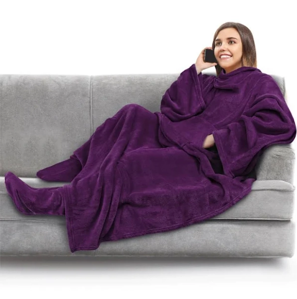 PAVILIA Fleece Blanket with Sleeves and Foot Pockets for Women Men Adults