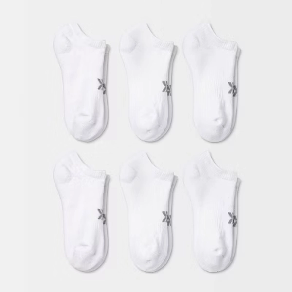 Women's Extended Size Cushioned 6pk No Show Socks - All In Motion™ White 8-12: Arch Support, Moisture Wicking