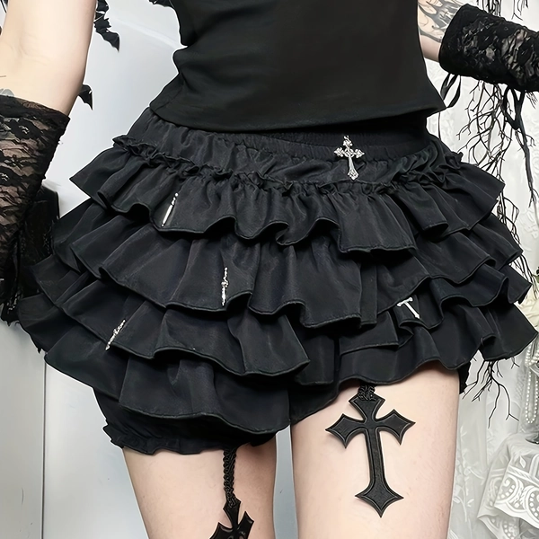 [Gothic Mini Skirt] Women's Gothic Black Cross Pendant Layered Tiered Mini Skirt - Y2K Streetwear Style, Flared Hem, Solid Color, Summer Fashion, Regular Fit, No Belt, Cute Aesthetic Short Skirt For Casual Outfits, Cute Skirts