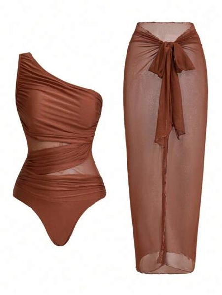 Swim Oasis Women's Solid Color Ruched Mesh Panel One-Piece Swimsuit With Sarong Skirt For Summer Beach Vacation