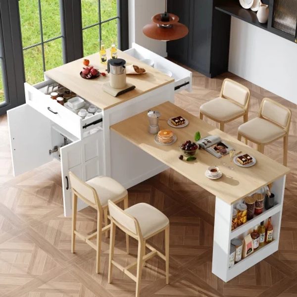 Table de bar extensible avec 2 tiroirs, 2 portes et compartiments, étagères latérales, blanc et naturel | Leroy Merlin