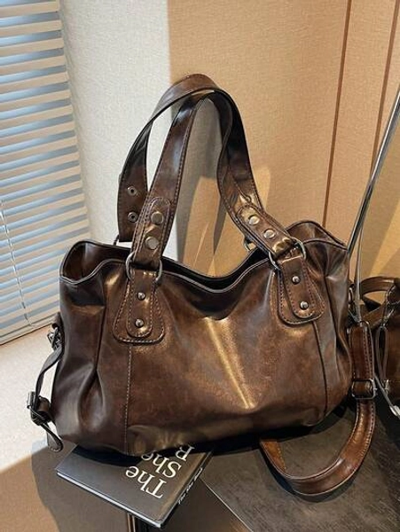 1pc Vintage Large Capacity Handbag, Vintage PU Messenger Shoulder Bag, Women Casual Tote Bag & Wallet, Bohemia Style Bag For Women, New Arrival Tote Bags For Woman, Spacious Brown Shoulder Purse With Bohemian Handbag For Autumn Outings