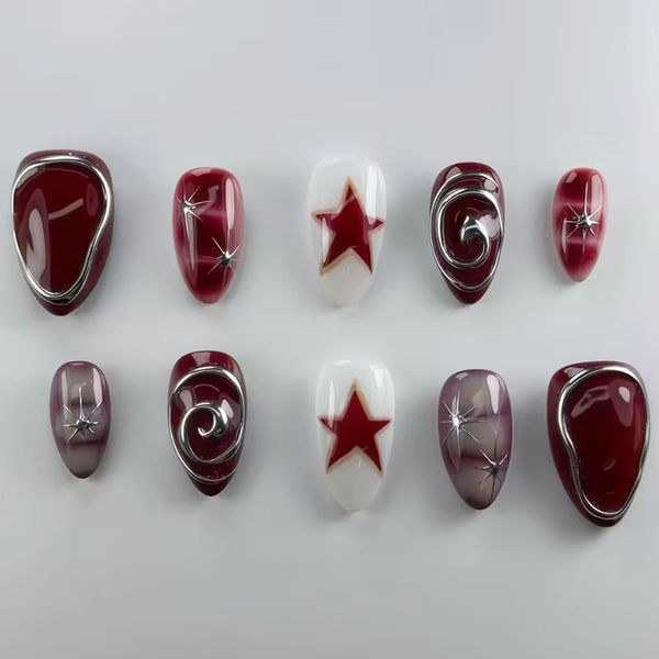 24PCS Dark Red Almond Fake Nail Metallic Silver Lines with Star Pattern French Press on Nail Wearable Ins Nail Tip Set for Women - AliExpress 