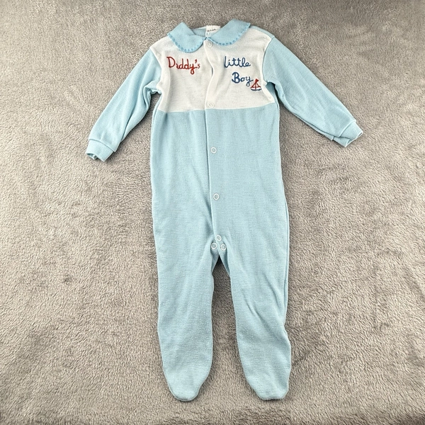 Daddy's Little Boy Sailboat Terry Cloth Romper Baby Boy 0-3 Months 1980s VTG