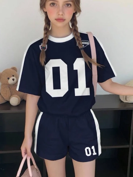 SHEIN Tween Girls Casual Minimalist Number 01 Graphic Short Sleeve Top and Shorts