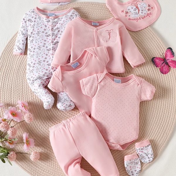 Conjunto de 8 bodies para recién nacida, 100% material puro, cómodo y transpirable, lindo patrón de mariposas rosas, ideal para bebés recién nacidos y para gatear, se puede regalar, para exteriores