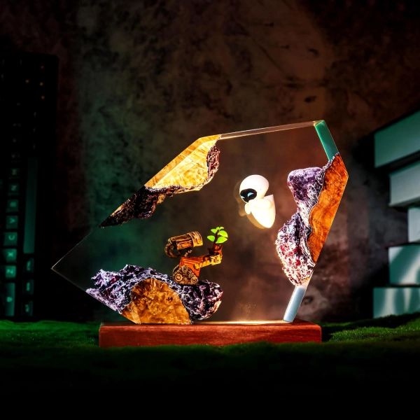Wall-E and Eve resin lamp, Handmade Epoxy Diorama Epoxy Lamp resin art, Housewarming Gifts Bedroom lamp Valentine Gifts