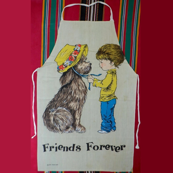 Vintage 1970s Children’s Apron Friends Forever Cotton Fran Mar Dog Design Retro