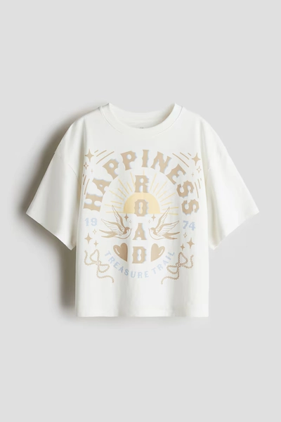 Oversized Cotton T-Shirt - White/Happiness