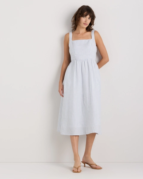 100% European Linen Fit & Flare Midi Dress in Sky Blue Mariner Stripe