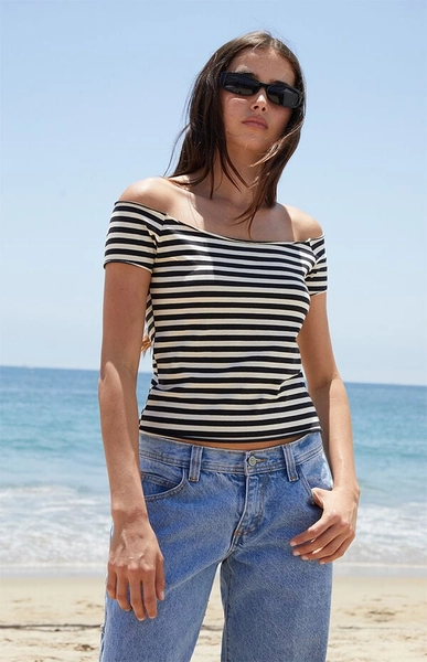 Black & White Striped Bonnie Off-The-Shoulder Crop Top