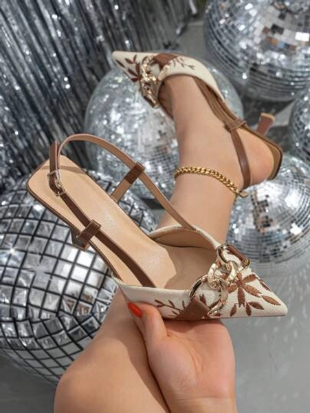 Sandali con tacco a blocco, punta affusolata e decorazione a catena ricamata, scarpe eleganti e alla moda adatte per estate, casual, lavoro, feste, festival musicali, occasioni formali