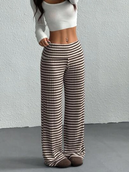 CovetEZ Women's Casual Striped Fold-Over Waist Wide Leg Pants, Summer