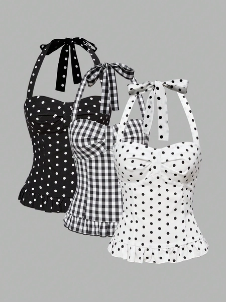 ROMWE Avant Spring/Summer Valentine's Day Women's Romantic Vacation Style Polka Dot & Plaid Backless Halter Neck Tank Top Sets