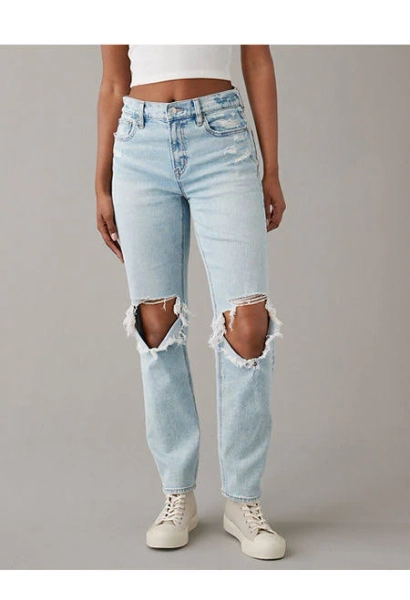 AE Stretch Super High-Waisted Ripped Ankle Straight Jean