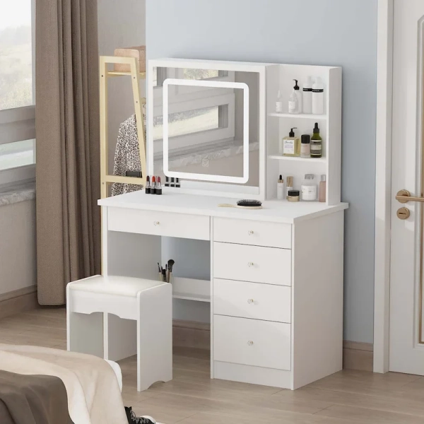 White Makeup Vanity Set with LED Mirror and Stool - 39.4" Wide