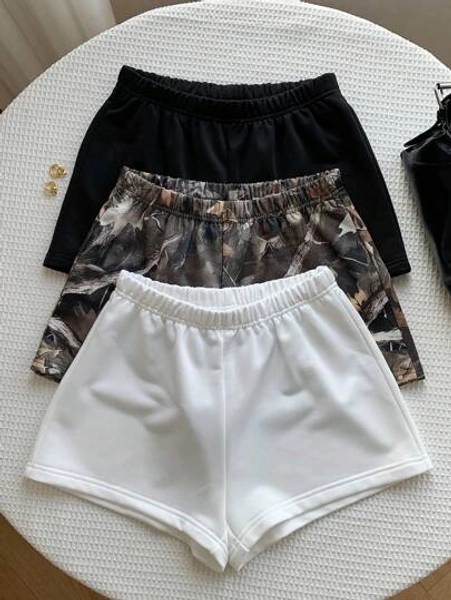 3pcs Tween Girl Casual Knit Solid, Bare Branch & Camouflage Print Combo Shorts Set, Back To School, Mommy And Me Matching