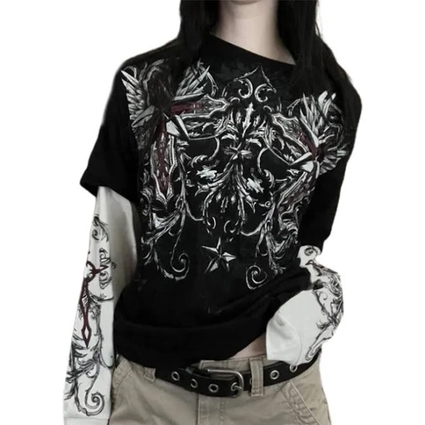 Pivanzore Women's Y2k Fairy Graphic Long Sleeve Crop Top Tees Tops E Girls-Aesthetic Gothic Skull Print Baggy Grunge T Shirts Emo Clothes