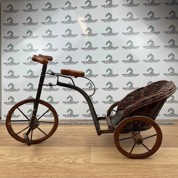 Antique Victorian Child Tricycle Wicker Carriage Seat Wood Wheels Primitive Toy
