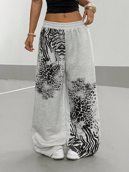 StreetHx Women's Light Grey Leopard Print Streetwear Oversized Punk Y2K Baddie Academia Back To School Commute Casual Sweatpants Fall Cloth For Women