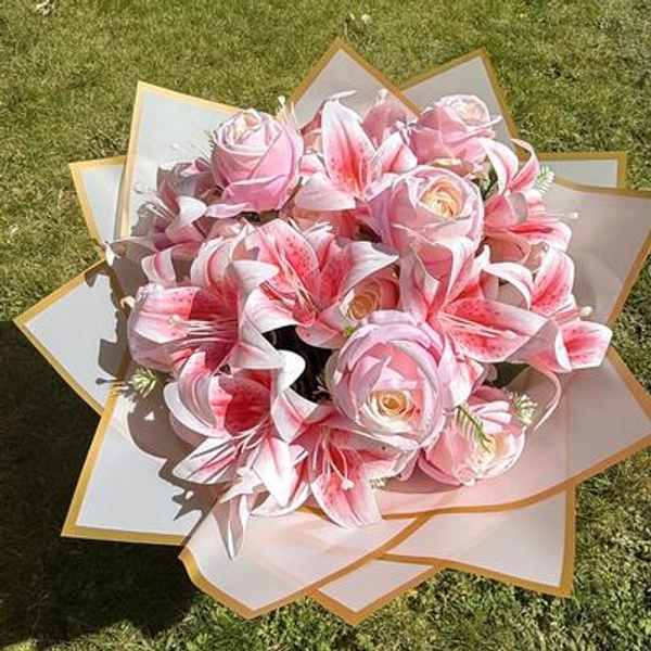 Personalised Large Artificial Pink Lily & Rose Bouquet in Flower Bag Elegant Faux Wedding Flowers Luxury Floral Arrangement Gift for Her