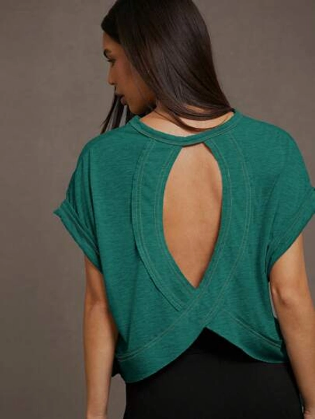 SHEIN Essnce Women's Solid Color Backless Casual Classic Crew Neck Short Sleeve T-Shirt