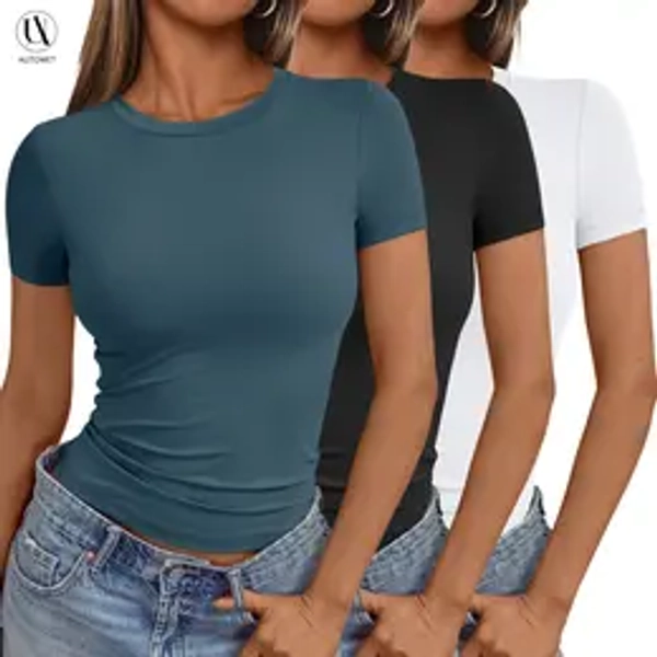 AUTOMET Womens 3 Piece Short Sleeve Shirts Basic Going Out Streetwear Tops Slim Fit Crop Tops 2025 Y2k Clothes Summer Casual Tshirt Skinny Elastic Fallreshness