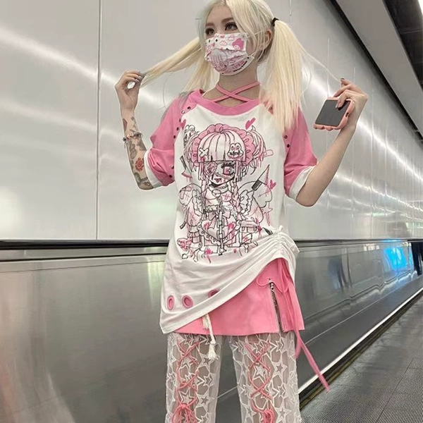 Y2k women clothing arcane Rivet Personality Subculture Patchwork Lace Up Top Short Sleeve T Shirt 2024  Harajuku Pink Tees tops - AliExpress 200000345