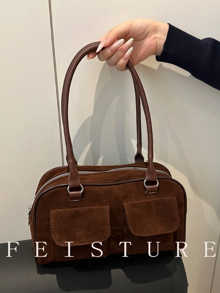 1 pezzo Borsa da bowling da donna FEISTURE, borsa a tracolla alla moda con chiusura lampo, adatta per uscite quotidiane, appuntamenti, pendolarismo