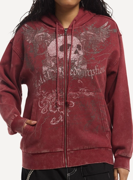 Social Collision Burgundy Winged Skull Girls Oversized Hoodie